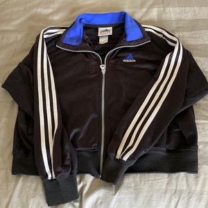 Adidas Track Jacket. Unisex. Black with blue collar, white 3 stripes. Size Large
